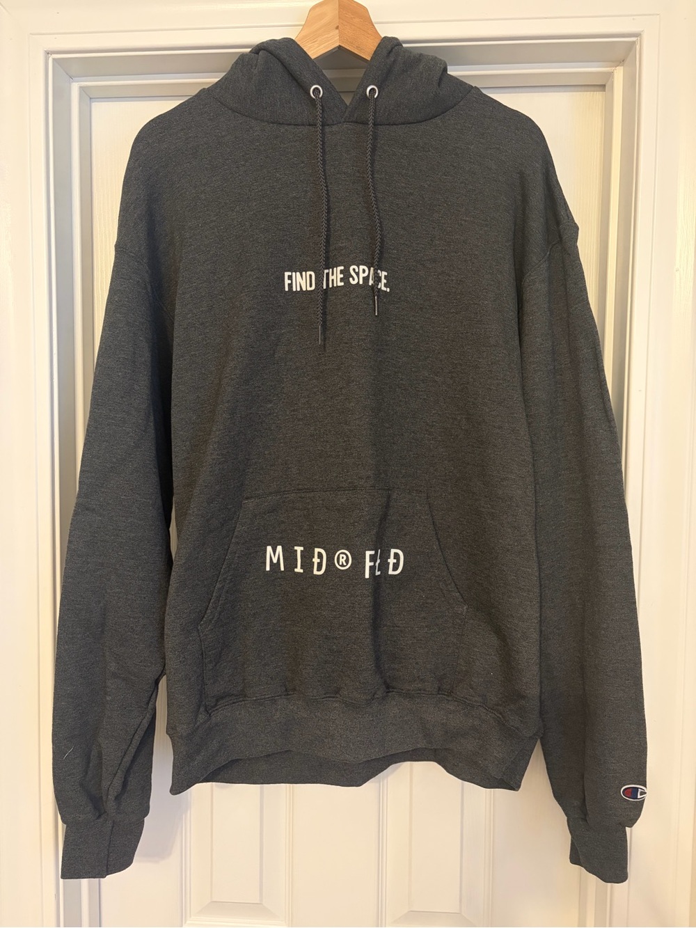 MIDFLD Champion Dark Gray 'Find The Space' Pullover Hoodie, Soccer, Size Large